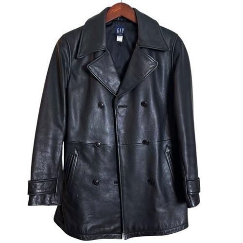 Vintage 90's GAP 100% Leather Double Breasted Pea Coat Black Size Small - Picture 5 of 12