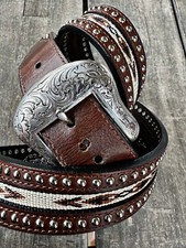 Nice Nocona Leather Brown Belt With Etched Engraved Buckle Tribal Cowboy Sz 44