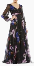 Mac Duggal Sz 2 Black Floral Print Chiffon Long Sleeve Maxi Dress
