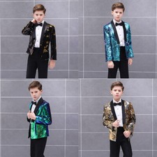 Boys Kids Children Reversible Two Tone Glitter Sequin Suit Jacket Blazer