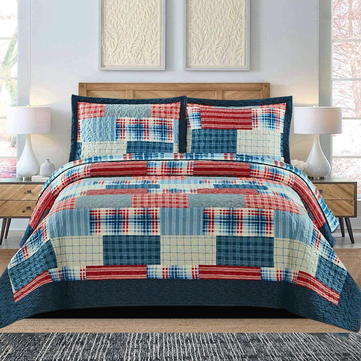 3 Piece Quilted Printed Patchwork Bedspread Comforter Set Single Double