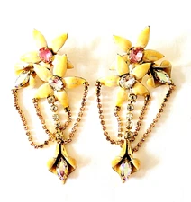Vintage Long Dangling LUNCH AT THE RITZ Enamel & Crystal Flower Earrings 1987