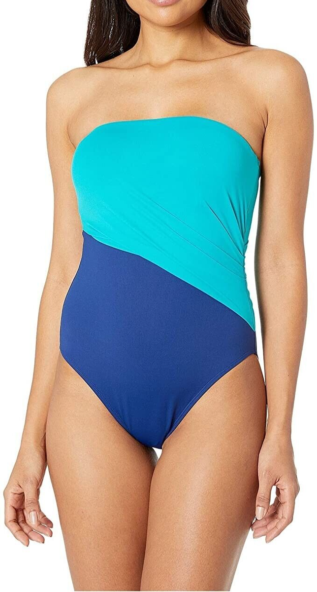 Ralph Lauren Womens Glamour Color Block Bandeau One-Piece Sapphire/Jade  Size 12