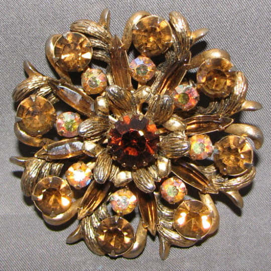 Vintage Selini Topaz Amber Rhinestone Brooch #5979 Gift Box Free