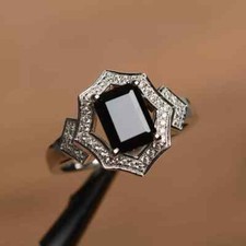 2.5Ct Emerald Cut Black Onyx Lab Created Diamond 14K White Gold FN Wedding RIng