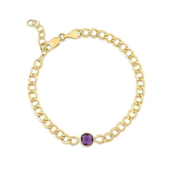 14k Solid Yellow Gold Amethyst Curb Link Chain Bracelet 7.25" 3.6mm 2.9 grams