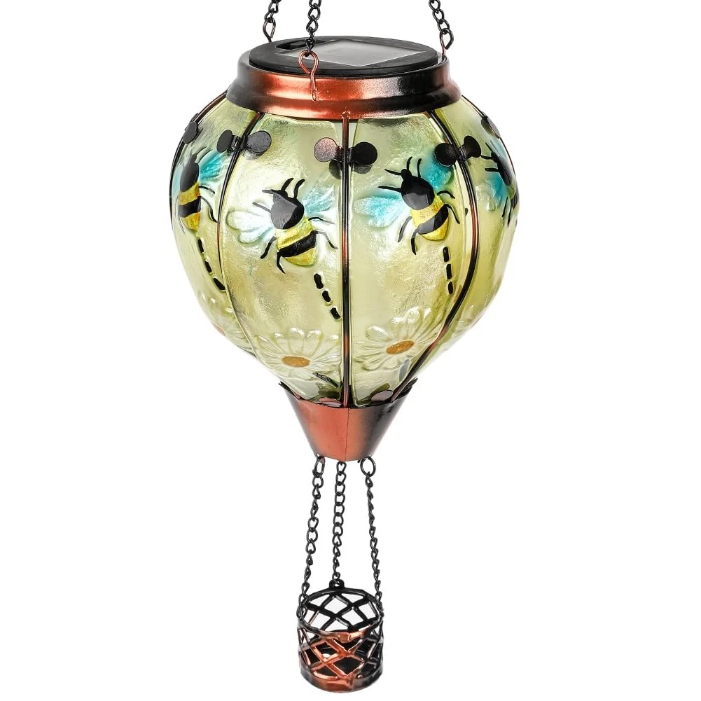 Hot Balloon Solar Lantern with Flickering Flame, Glass Hanging Garden Lights ...
