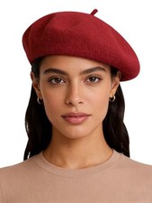 Women Beret Hat Wool Vintage French Solid Color Classic Winter Cap Red C