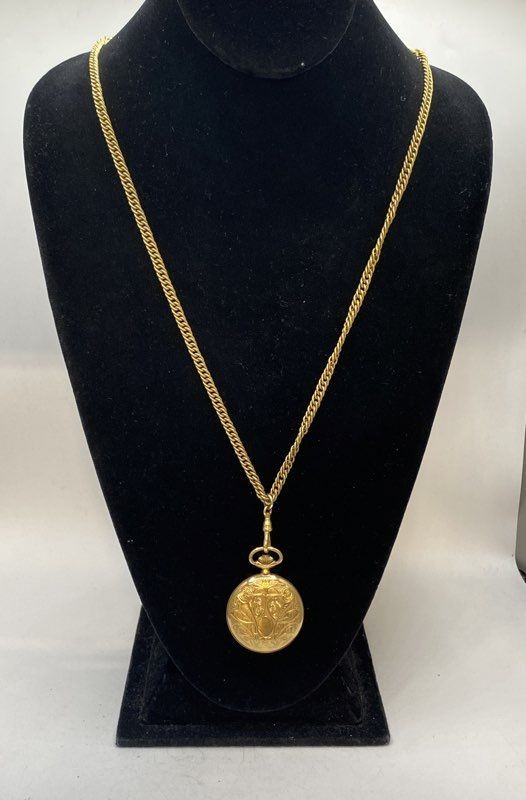 Vintage 12K Gold Filled Pocket Watch Necklace Engraved Hunter Case 27"