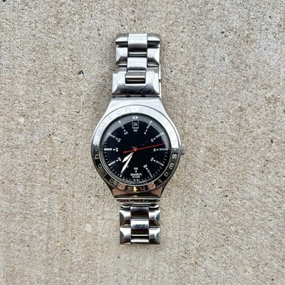 Swatch Irony Twirl YGS428G Mens Date 37mm Works New Battery Black Dial Stainless