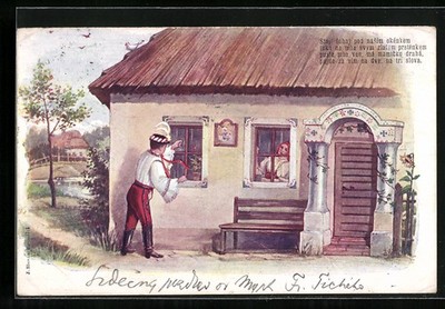Artist postcard a young man in Czech costume knocks on the window of the house 