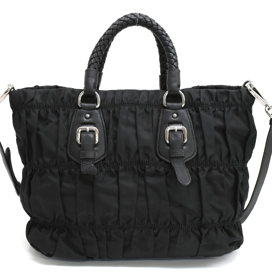 Auth PRADA Braided Leather Handle Gathering Nylon Bag Hand Bag Black Purse T10K thumbnail 3