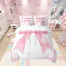 7 Pieces Pink Bow Comforter Set Queen Size, Watercolor Bowknot Bedding Set for K