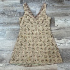 Y2K Express Floral Mini Dress Beige Pink Green Ruffle Trim Cottagecore M