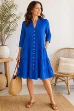 J.Crew Blue Tiered Ruffle Dress Small Boho Cotton Button Front Midi