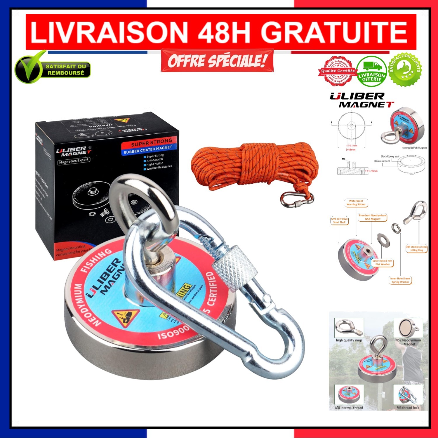 Aimant Néodyme de 100 kg multifonction avec anneau en acier robuste