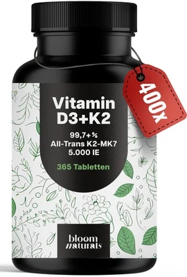BLOOM NATURALS BEAUTY SUPPLEMENTS Vitamin D3 + K2 - 365 Tabletten - 5000 IE - 99,7% All-Trans MK7
