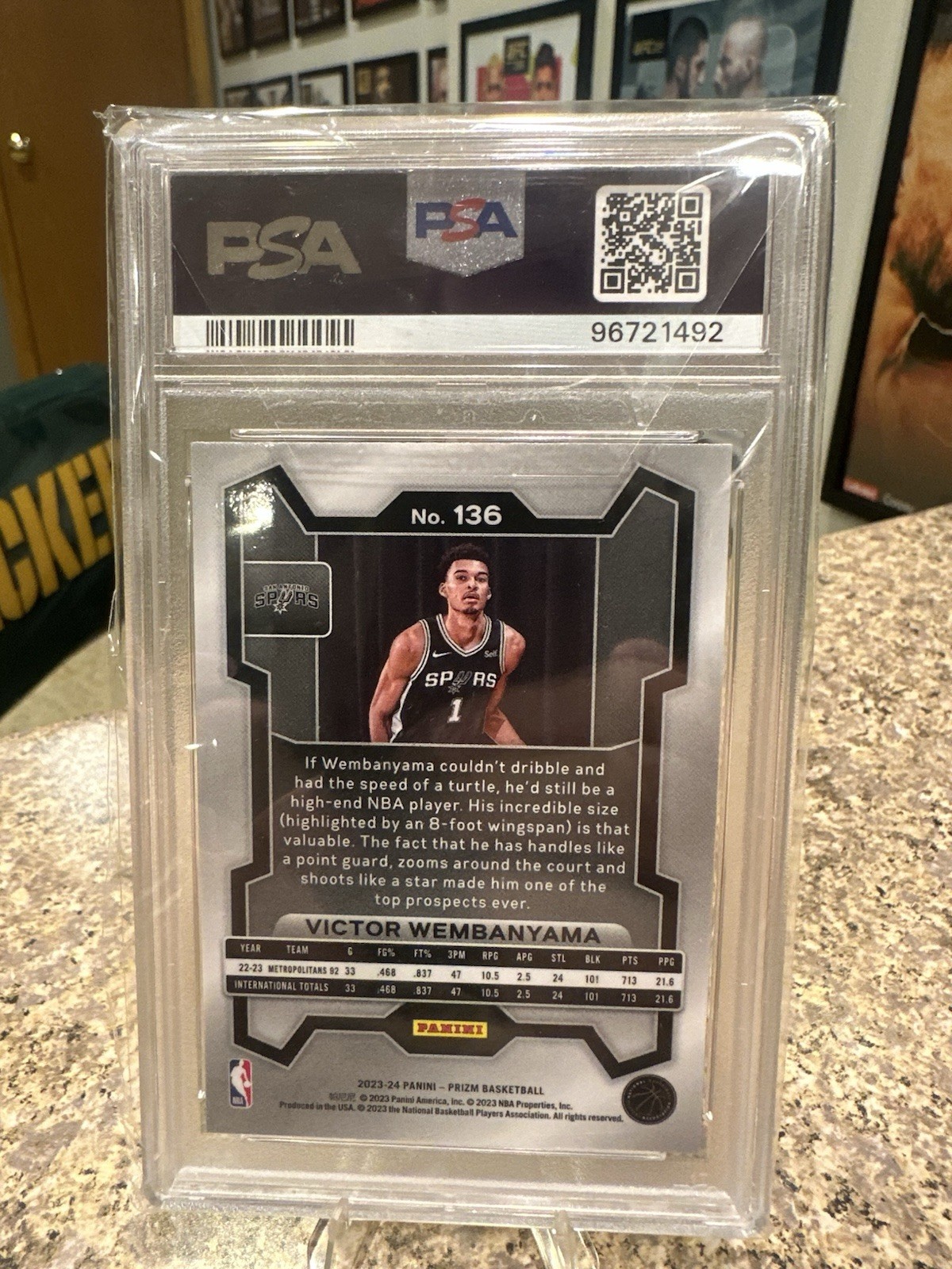 Panini Prizm 2023-24 Victor Wembanyama RC #136 PSA 10 Base Set Spurs view 2