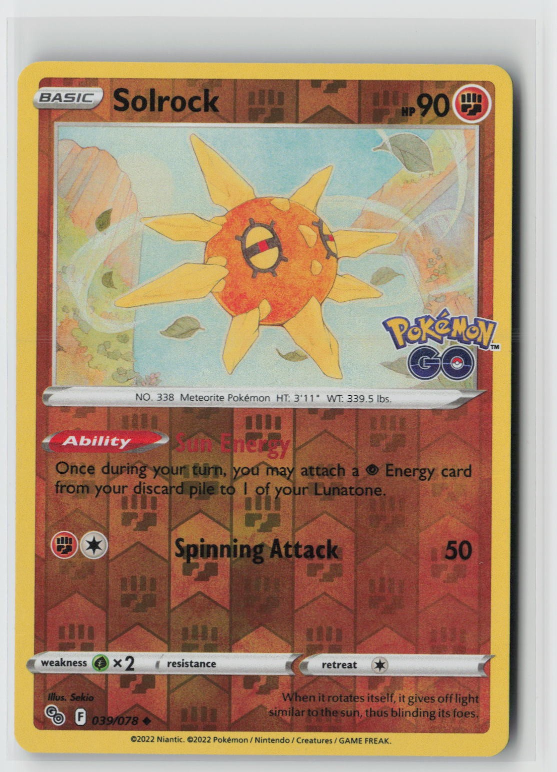 Solrock Reverse Holo Uncommon Pokemon GO 039/078 NM