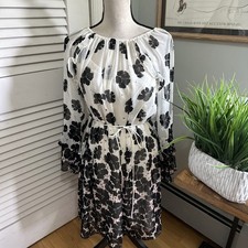 Ann Taylor Dress Womens 8 Dainty Floral Belted Sheer Chiffon Ruffle Flare Twee