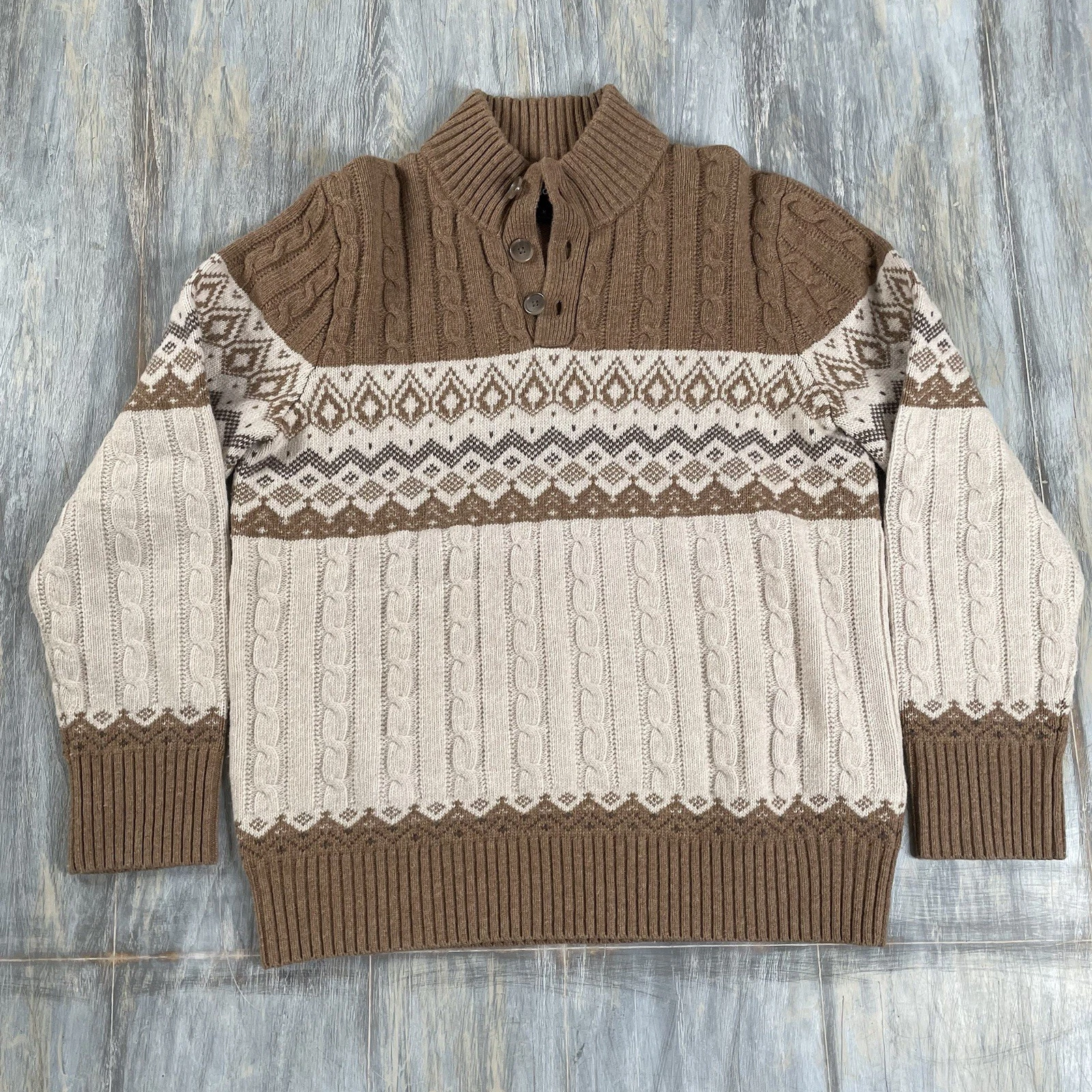 Bonobos 3 Button Mock Neck Sweater Mens Medium Wool Cable Knit Brown Beige