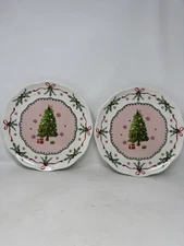 2 Potter's Studio PINK CHRISTMAS TREE Ceramic Dinner Plates 10.5”  winter 2025!