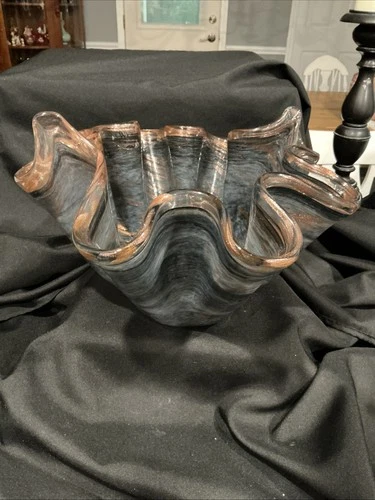 Murano Handkerchief  Art Vase Black/blue With Copper Flake Swirls Made In Italy
