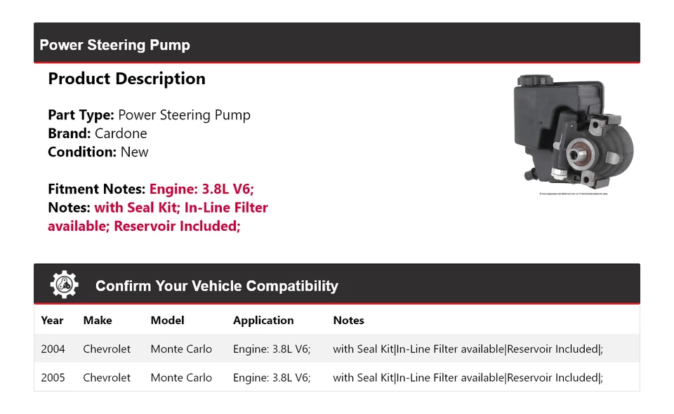 Bomba de dirección asistida Cardone para Chevrolet Monte Carlo 2004-2005 3,8 L V6 Foto 2 de 4