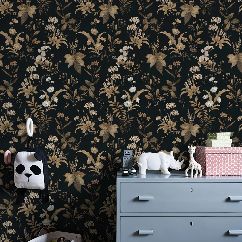 2 Rollos 17.3"X480" Negro Dorado Floral PVC Papel Pintado Pelar y Pegar Decoración Retro Foto 3 de 4