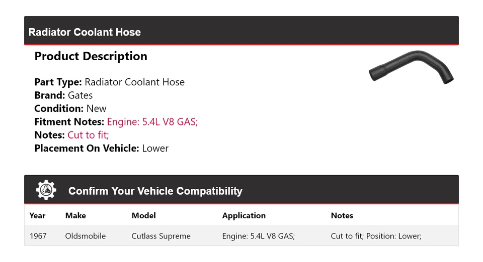 Для 1967 Oldsmobile Cutlass Supreme радиатор охлаждающей жидкости шланг нижние ворота - Изображение 2 из 4