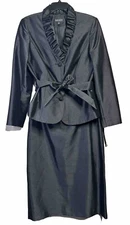 NEW JOHN MEYER 2PC Black Belted Skirt Suit Sz 10 Sequin Buttons Ruffle Satin