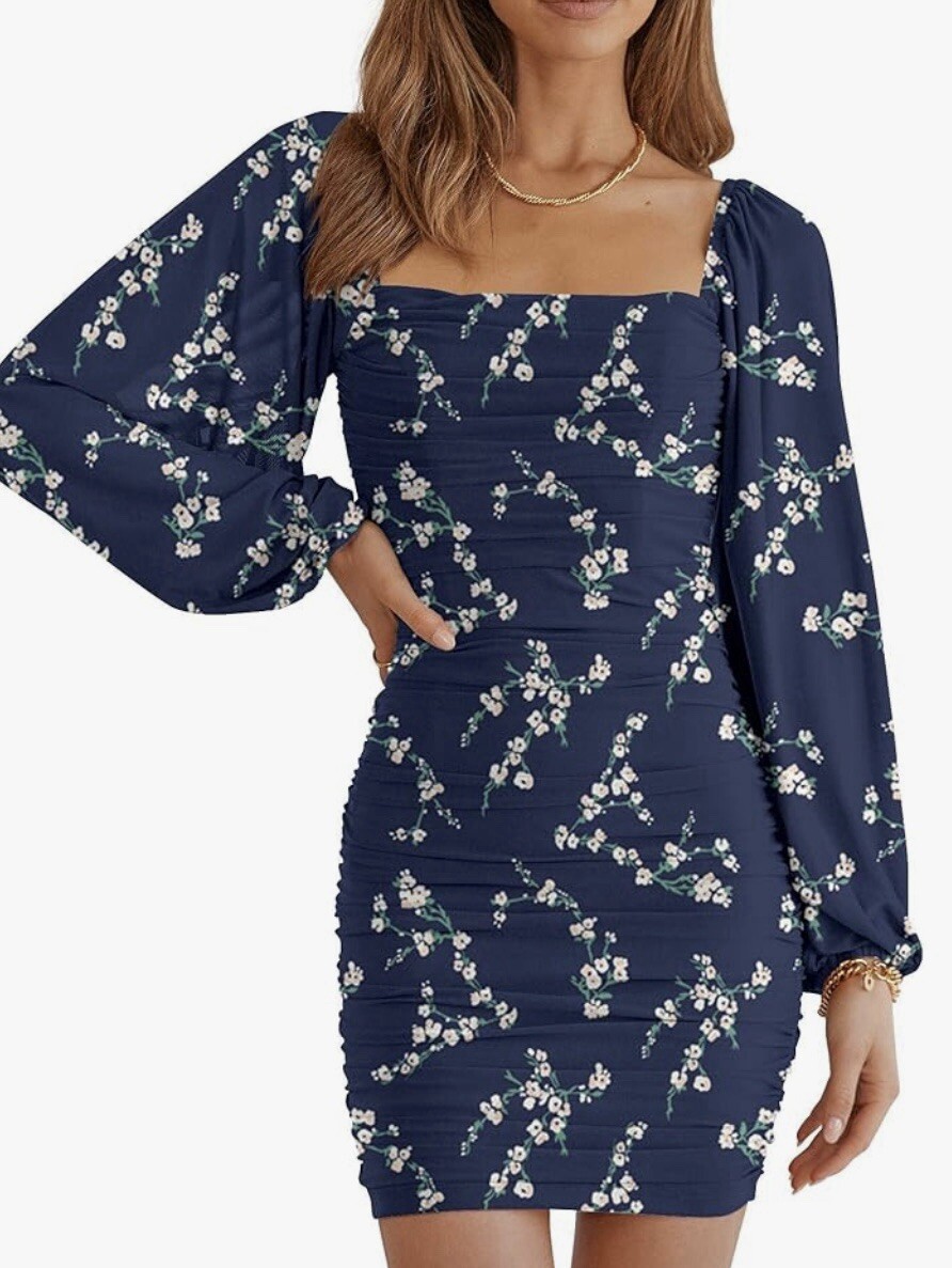 lantern sleeve bodycon dress Ruched Notched Neck Tulip Hem Bodycon Dress