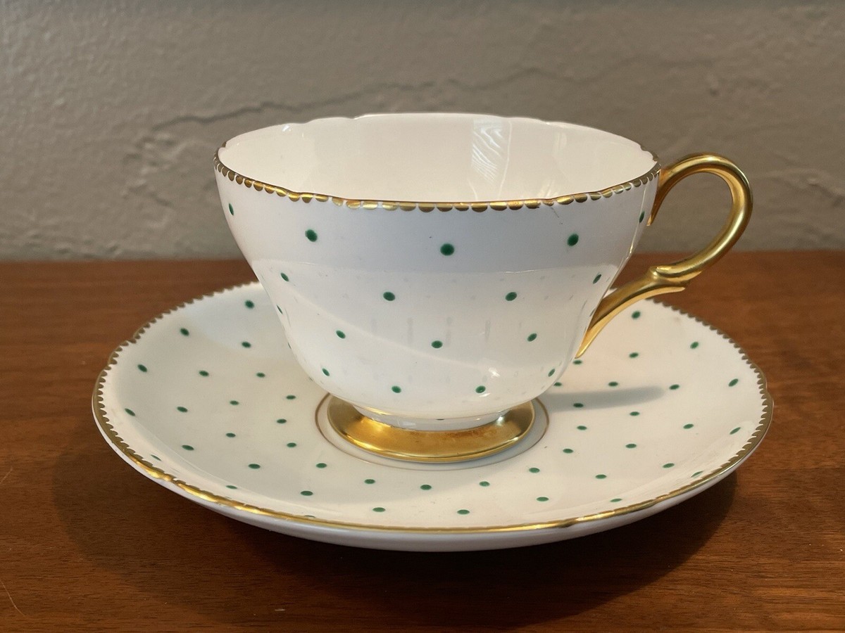 Vintage SHELLEY Porcelain Green Polka Dot Cup & Saucer Pattern 