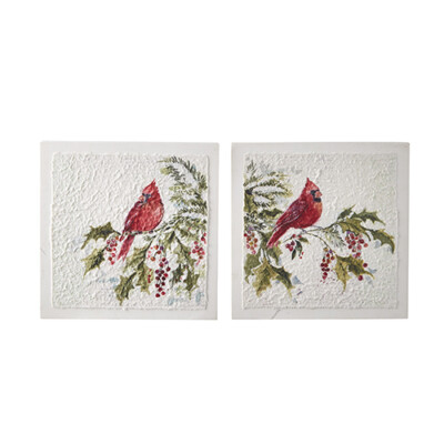 2-PK 12'' CARDINAL ON HOLLY TEXTURE PAPER ON WOOD BLOCK Christmas RAZ 4259053 NEW