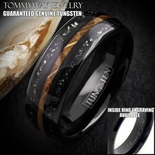 Custom Engraved Black Tungsten Carbide Ring Whiskey Barrel Meteorite Band
