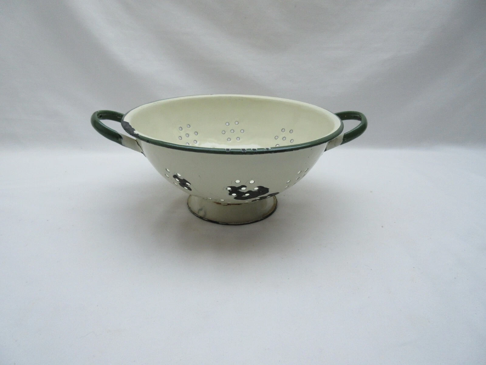 Vintage old cream & green enamel shabby chic colander strainer