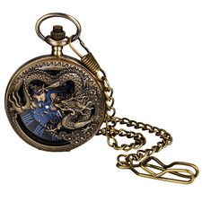 Retro Men Women Skeleton Dragon Bronze Tone Auto-Mechanical Pocket Watch w Chain