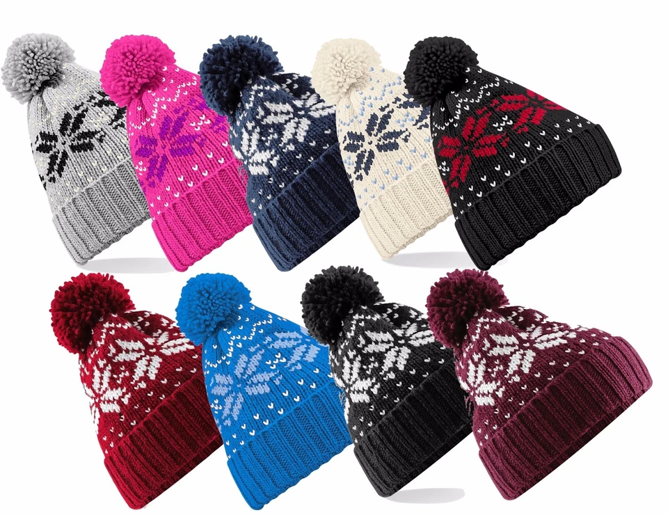 Bonnet En Acrylique Doux Pompon Pompon Snowstar Flocon De Neige Pour Adultes - Photo 1/1