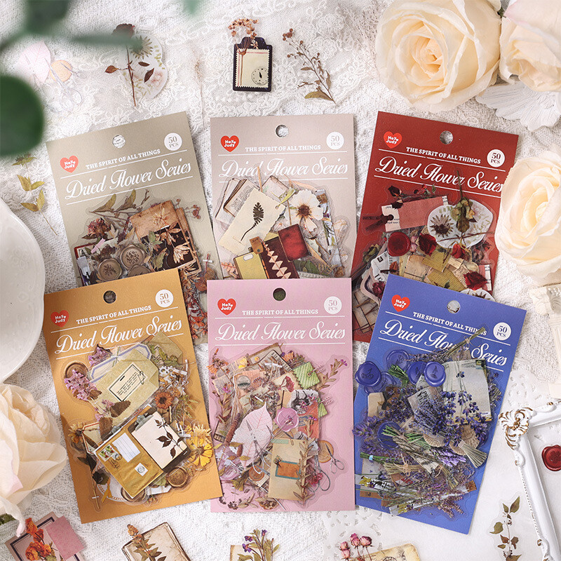 Dried Flowers PET Stickers Vintage Plants Collage Scrapbook Journals Card 50Pcs-image