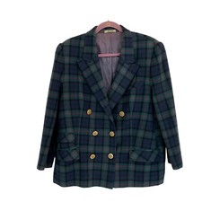 Aziz VTG Womens Tartan Plaid Gold Button Double Breasted Blazer Y2K Old Money