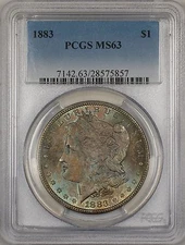1883 Morgan Silver Dollar $1 Coin PCGS MS-63 Beautifully Toned Obverse (T)