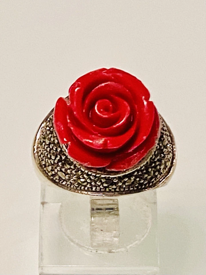 DECLARACIÓN🌹ROSA~MARCASITA~ANILLO CORAL SINTÉTICO TALLA 8,5~PLATA ESTERLINA 925~12 GRAMOS Foto 2 de 4