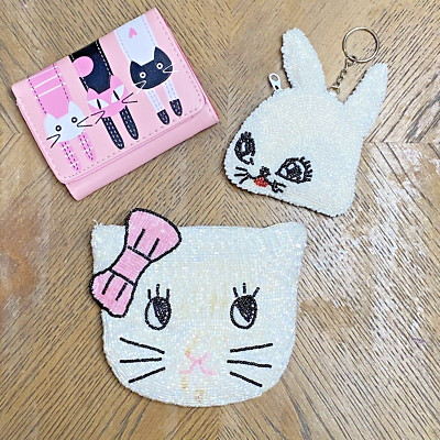 Cat BUNDLE Wallet Beaded Vintage Sparkle Pouch Bunny Coin Purse Pink White LOT