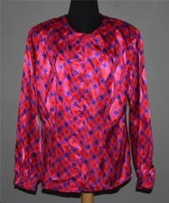 VTG Notations Red Purple Navy Blue Squares Shimmery No Collar Blouse Wm's 10 EXC