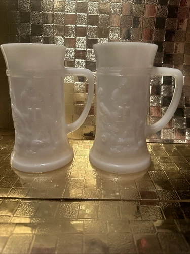 2-Vintage  Milk Glass Steins Beer Mugs Tavern Scene