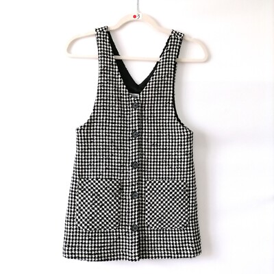 NWT Zara Black White V Neck Wide Starp Pocket Houndstooth Tank Dress Size 9