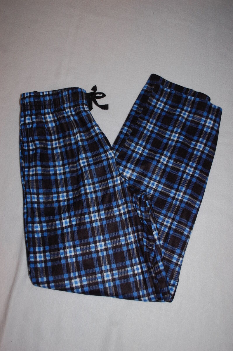 Mens Pajama Pants BLUE BLACK WHITE PLAID Super Soft FLEECE Mens Pajama Pants BLUE BLACK WHITE PLAID Super Soft FLEECE