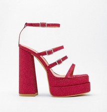 Nasty Gal, TRENDY Pink glitter strappy 6.25" block heel double platforms, SZ 10