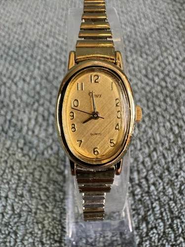 Vtg Timex Cavatina Watch Women 18mm Gold Tone Oval Dial Stretch Band New Battery