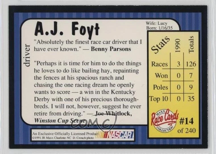 1991 Maxx Collection AJ Foyt #14 HOF - Image 2 of 2
